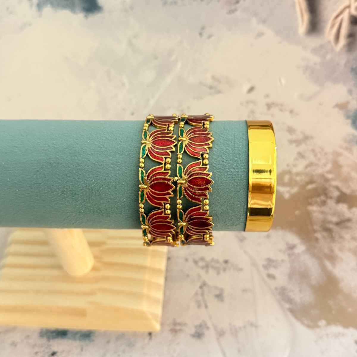 The Opal Factory Metal Bangles with Pink and Golden Lotus Flower Design | Pink and Gold - Size 2.6
