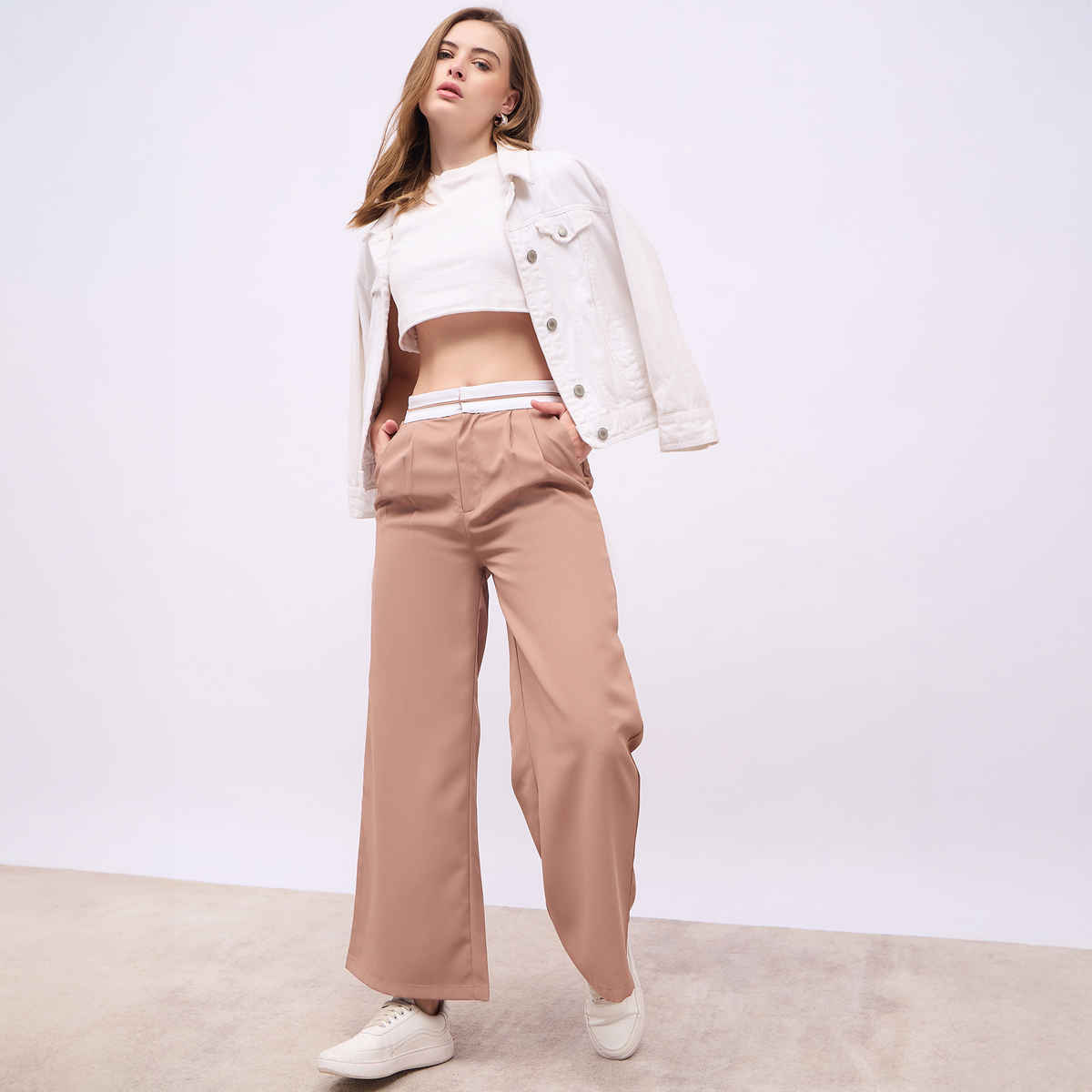 Styli Women's Solid Wide Leg Pant with Cut & Sew Constructive Waistband | Beige - S