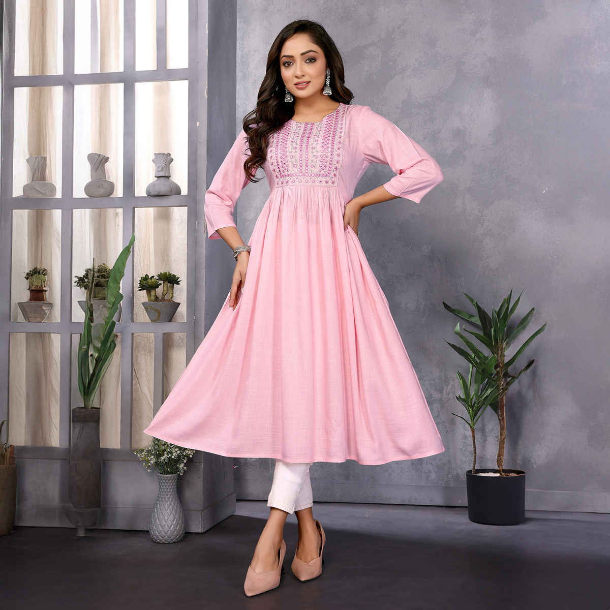 Rangita Women's Rayon Embroidered Flared Calf Length Kurta | Pink - XL