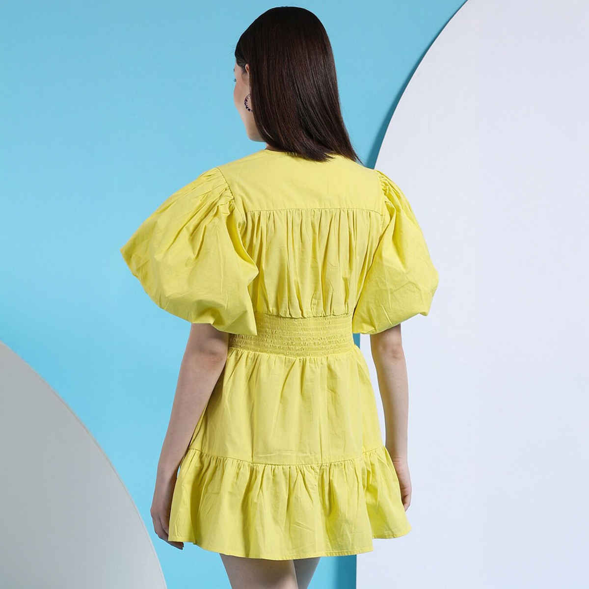 Freehand Women's Fit and Flared Solid Casual V-Neck Dress | Yellow - XL