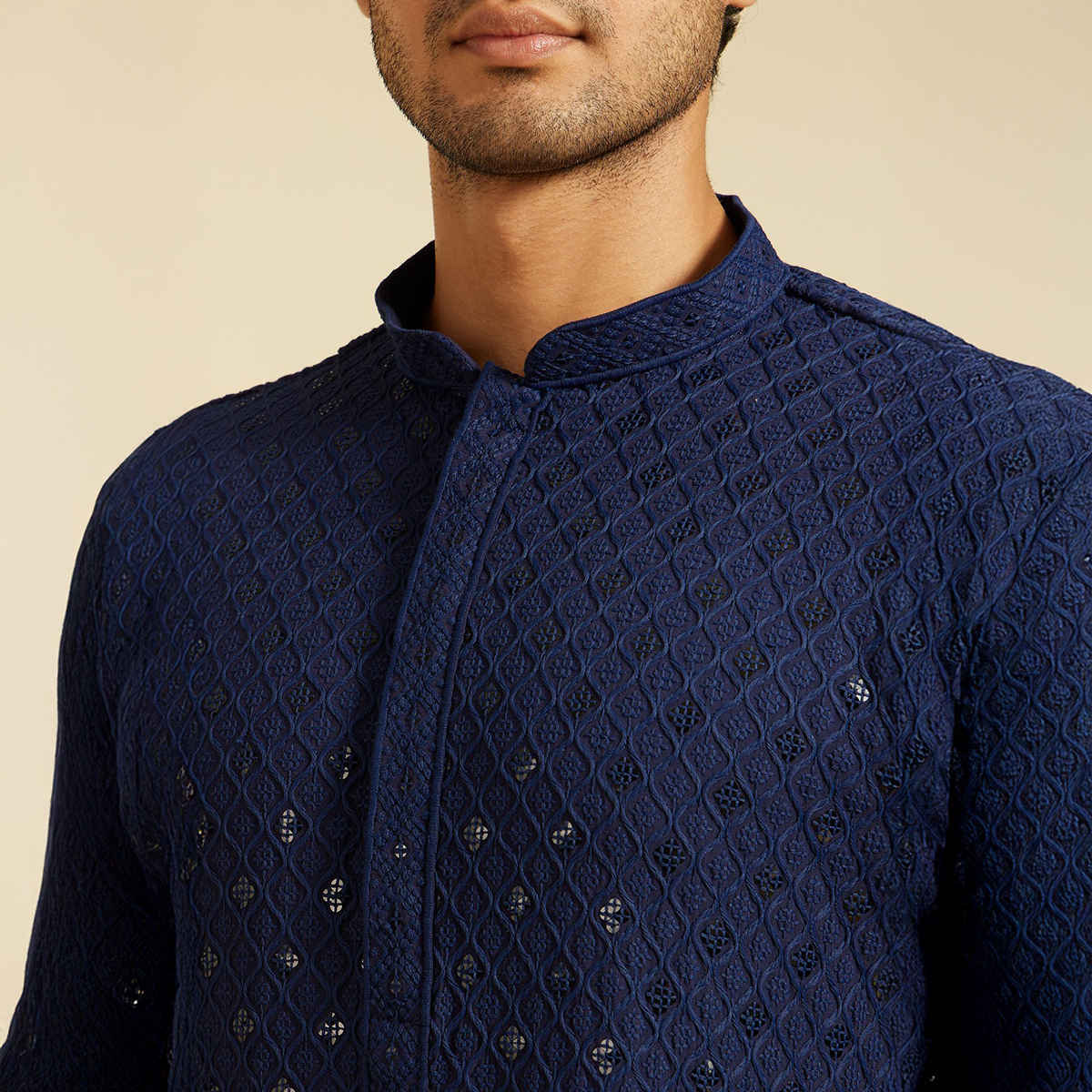 Diwas By Manyavar Men's Chikankari Kurta With Sequins | Navy Blue - S