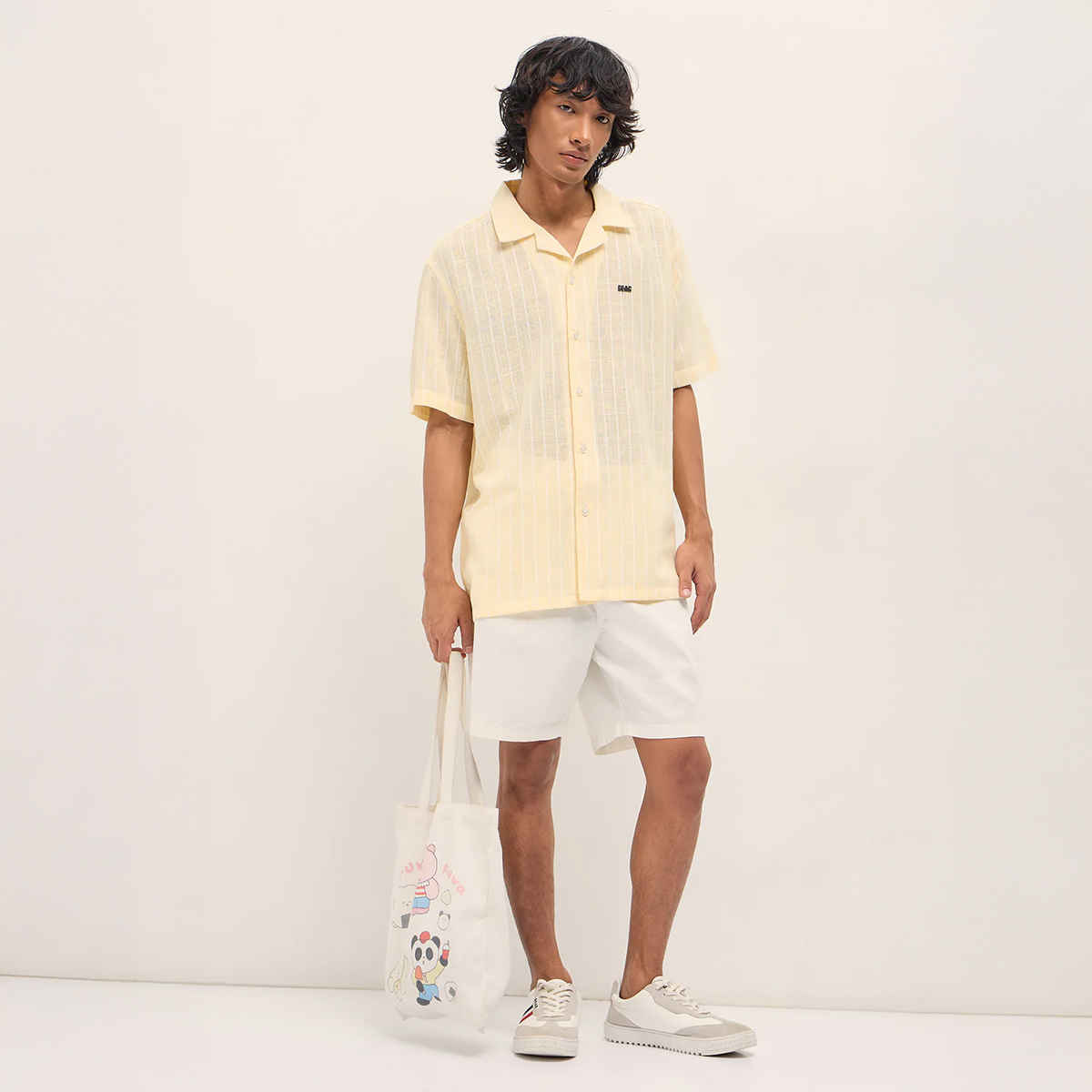 The Bear House Men's Vertical Textured Stripe Relaxed Fit Half Sleeve Casual Shirt |Light Yellow-M