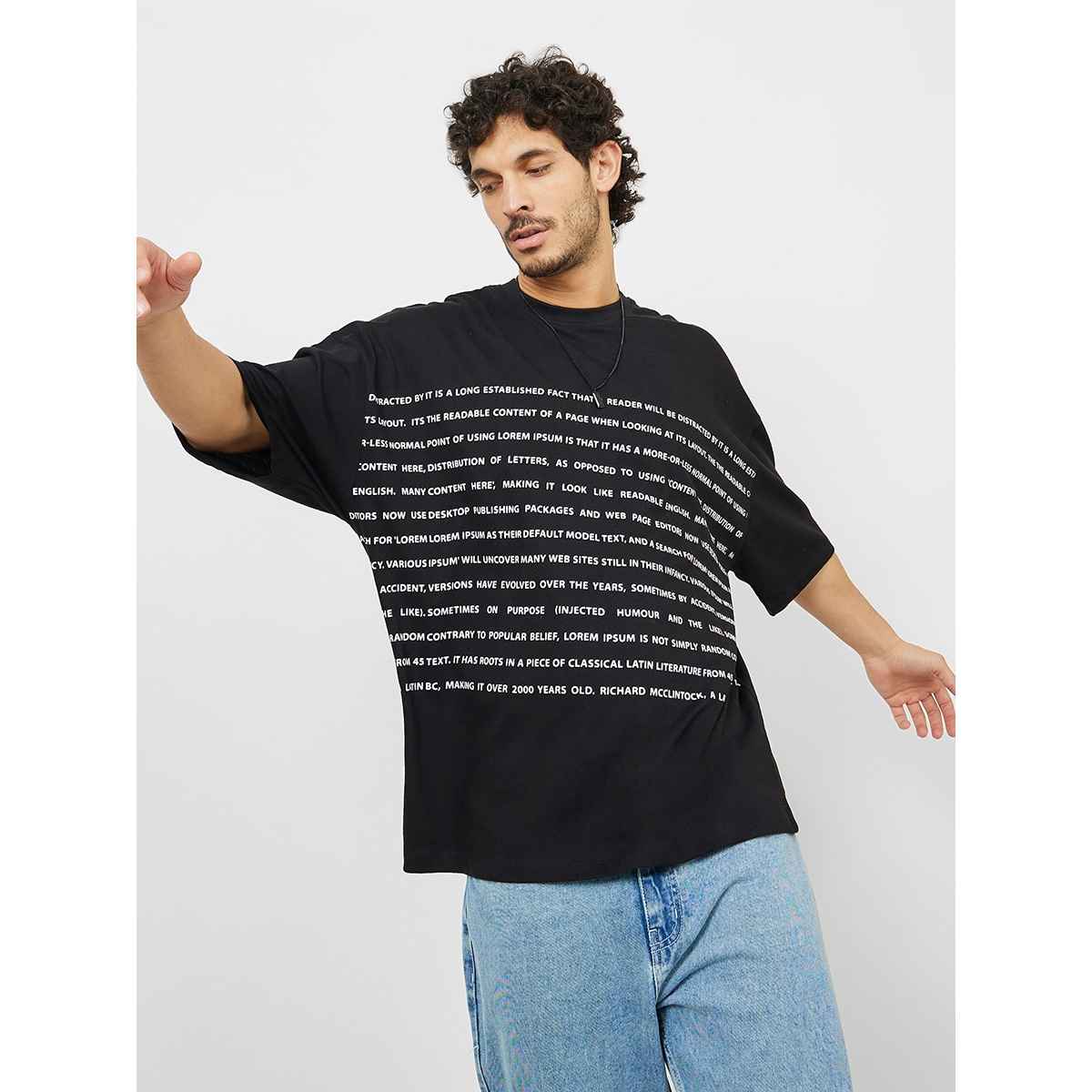 Styli Men's Boxy Fit Tee with Front and Back Text Print | Black - L