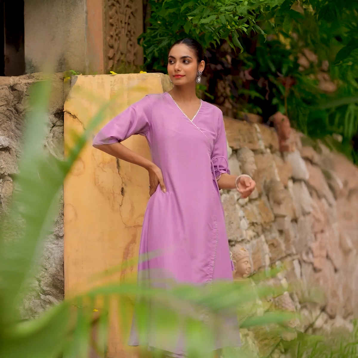 Janasya Women's Lavender Silk Blend Solid Wrap Kurta Set | XL