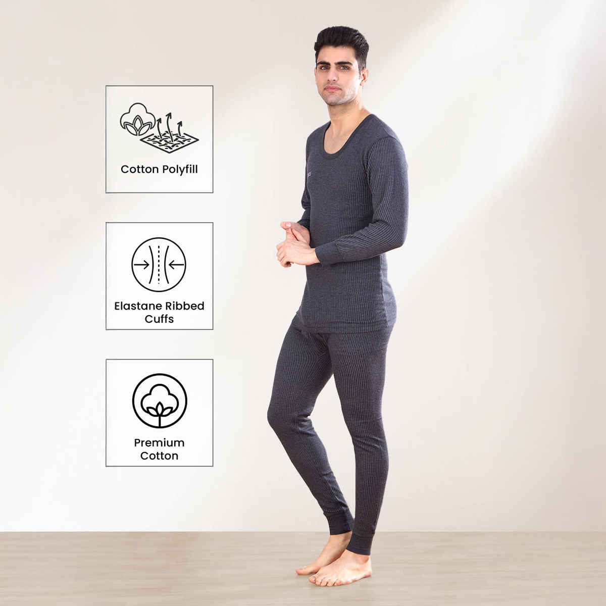 Lux Inferno Round Neck Full Sleeve Thermal Top for Men | Charcoal | 90 | Size L