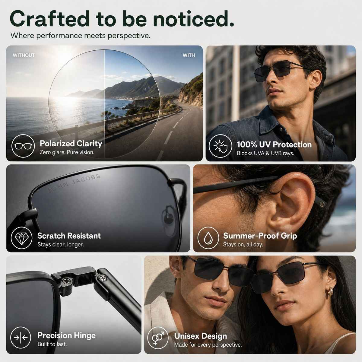 John Jacobs By Lenskart Unisex Solid Metal Rectangular Sunglasses | Black and Grey - Extra Wide