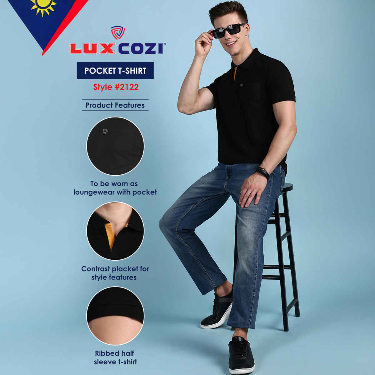 Lux Cozi Men's Solid Cotton Polo T-shirt with Pocket | Black - XXL