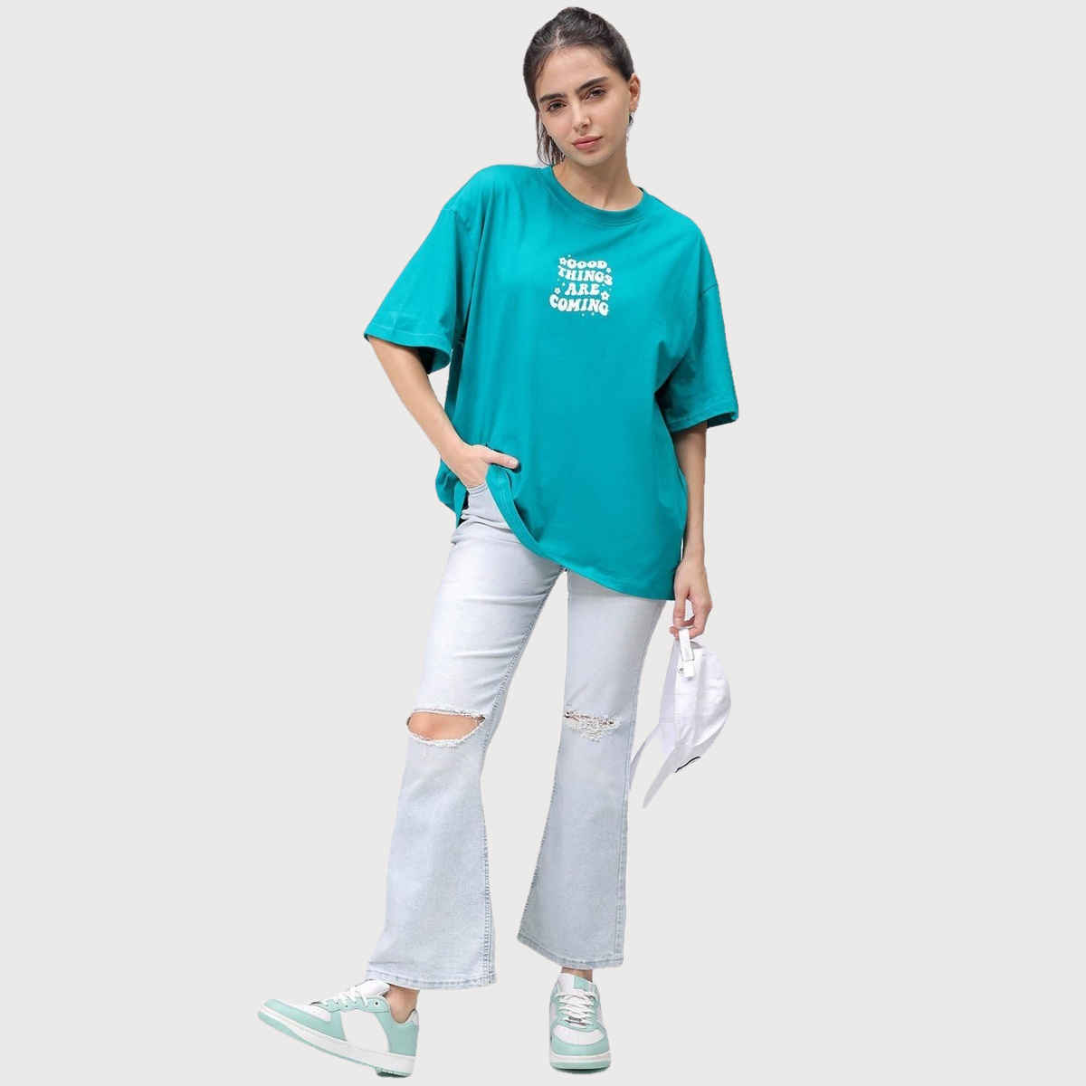 Freehand Women's Regular Typographic Oversized T-shirt | 0424-Zfhostee3A-04 | Teal Green - S