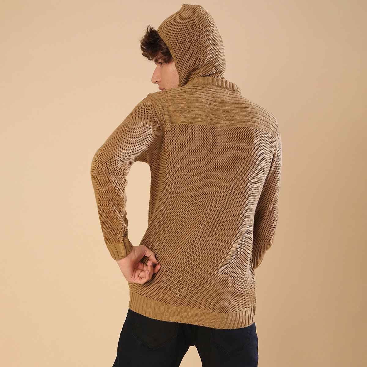 Campus Sutra Men's Hooded Sweatshirt | Beige - S