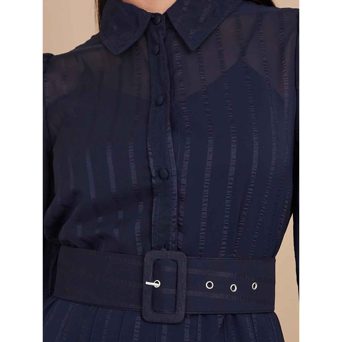 Styli Women Long Sleeves Collared Belted A-Line Maxi Dress | Navy Blue | S