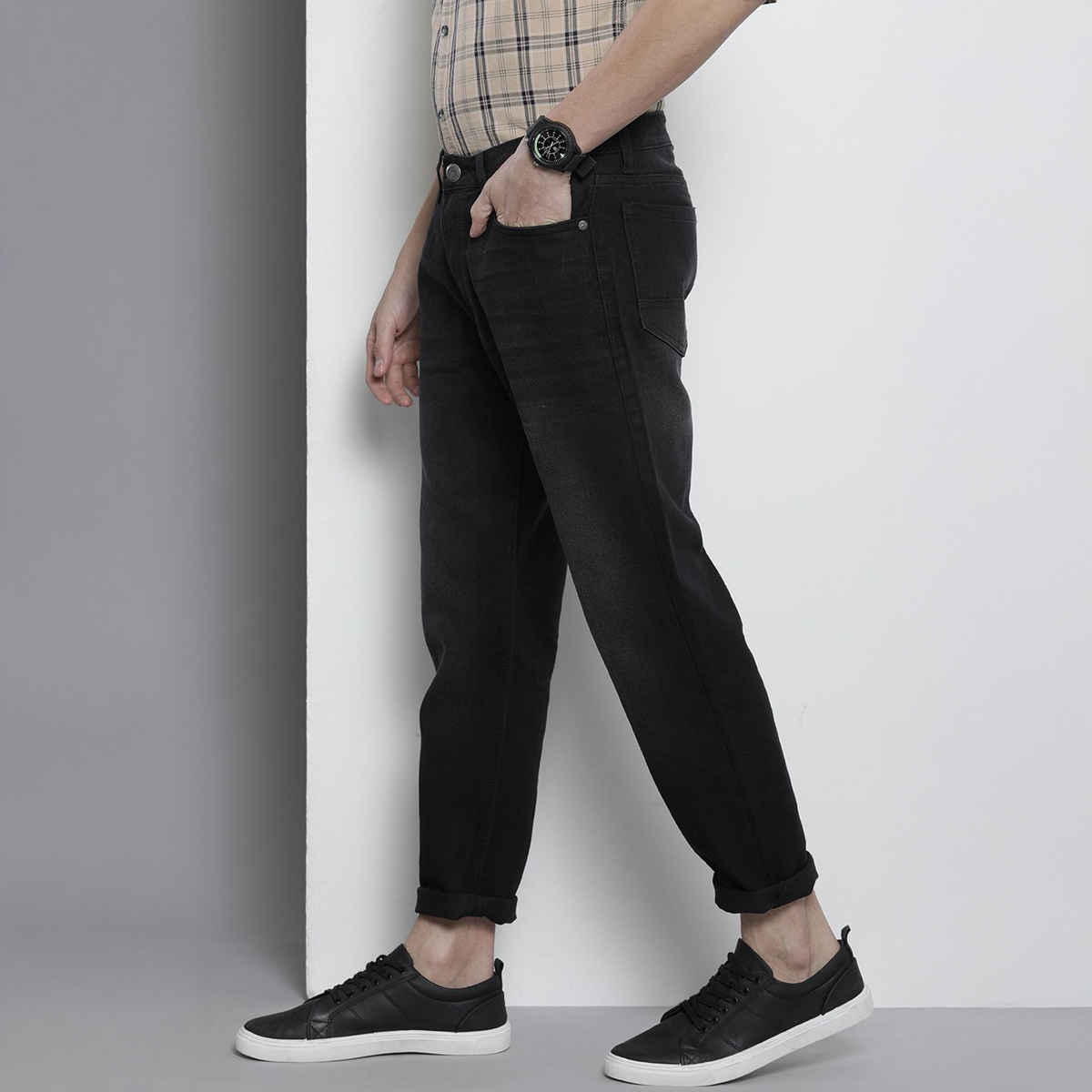 The Indian Garage Co Men's G-131 Dad Fit Solid Casual Jeans | Black | 30