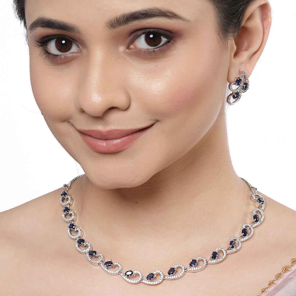 Zeneme Rhodium-Plated Silver-Toned Blue American Diamond Necklace Set & Earrings For Women & Girls