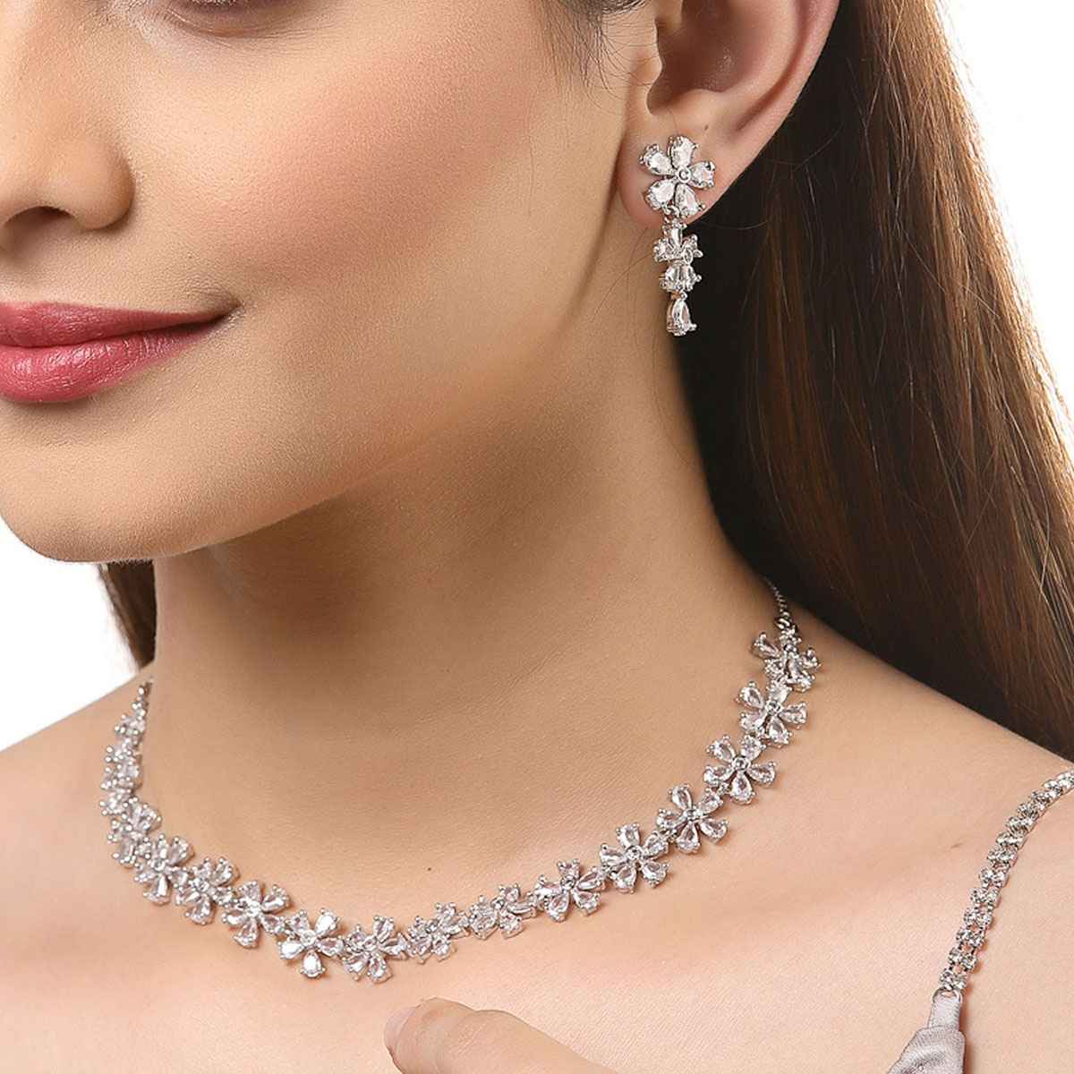 Zeneme Silver-Toned & White AD Stone-Studded Rhodium-Plated Jewellery Set For Women & Girls