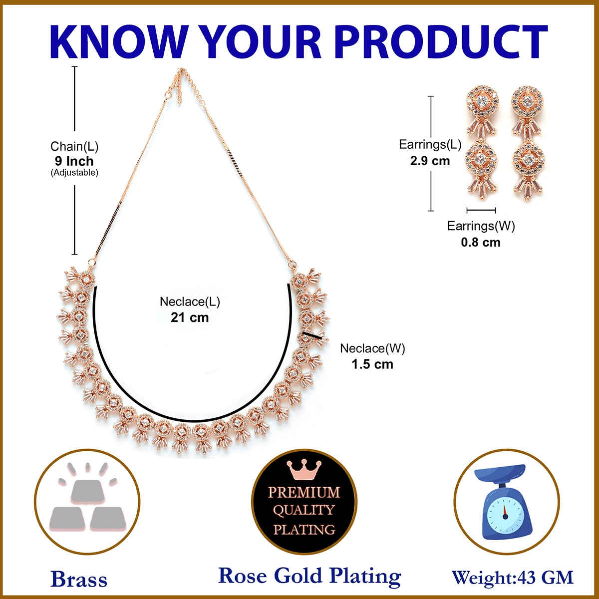 Zeneme American Diamond Studded Necklace With Earring Detailing Jewellery Set For Women & Girls