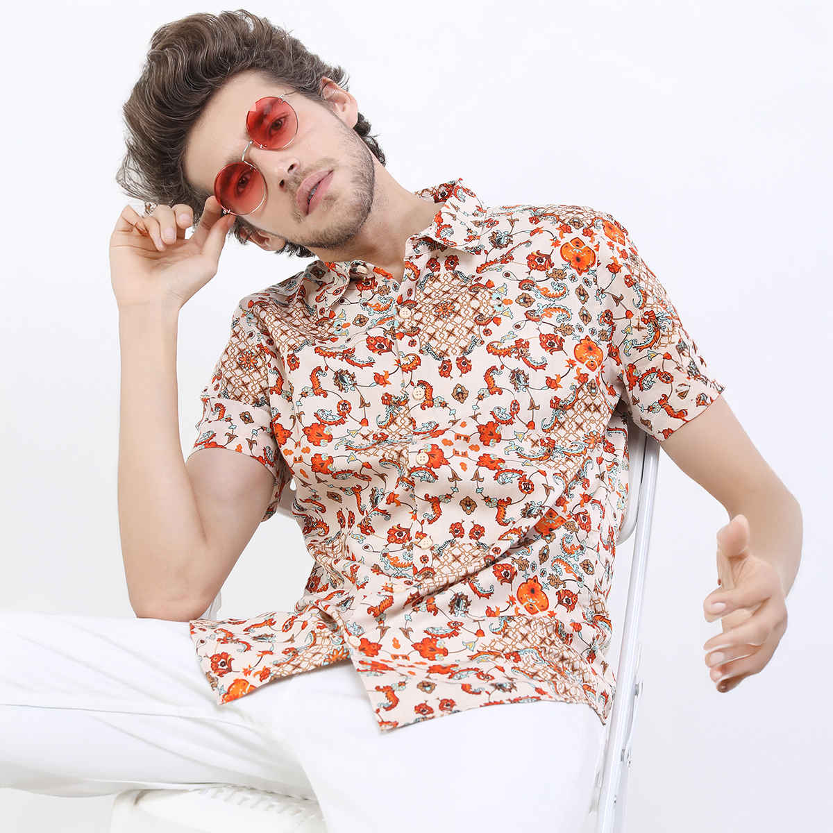 Highlander Men's Slim Fit Graphic Shirts | Beige & Rust - M