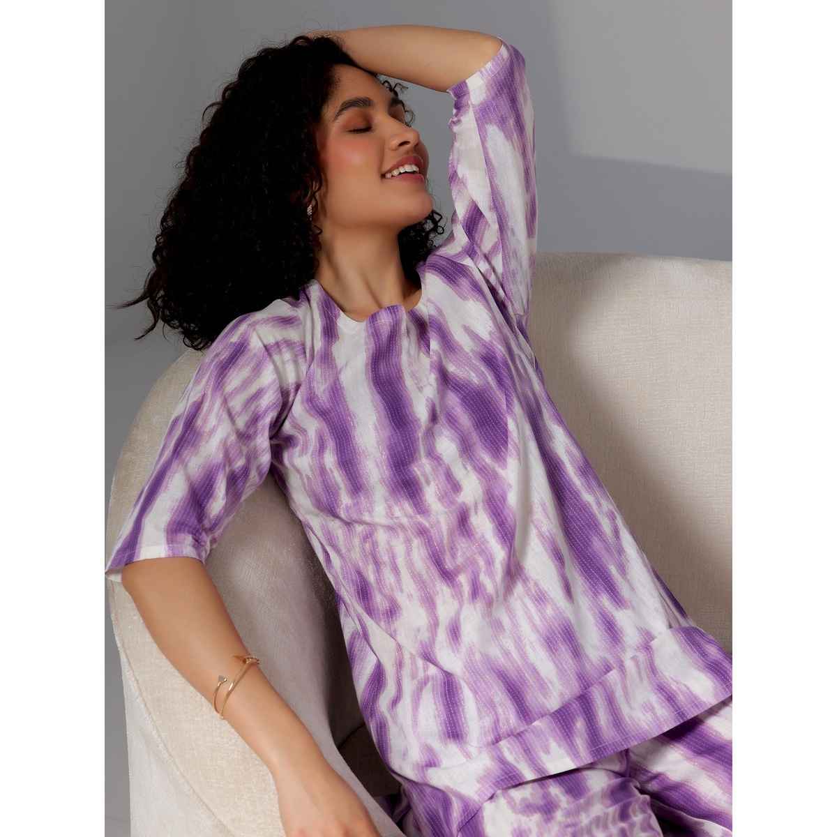 Libas Abstract Printed Women's Kurti With Printed Pyjamas | Purple White | M