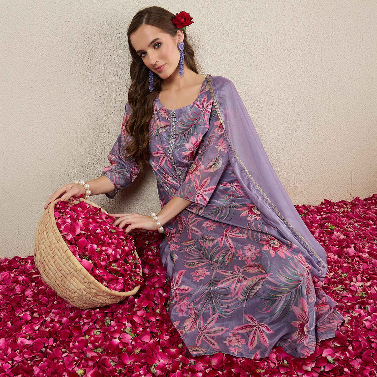 Indo Era Women's Printed Straight Kurta Pant with Dupatta set | KH9LV10858 | Lavender - S