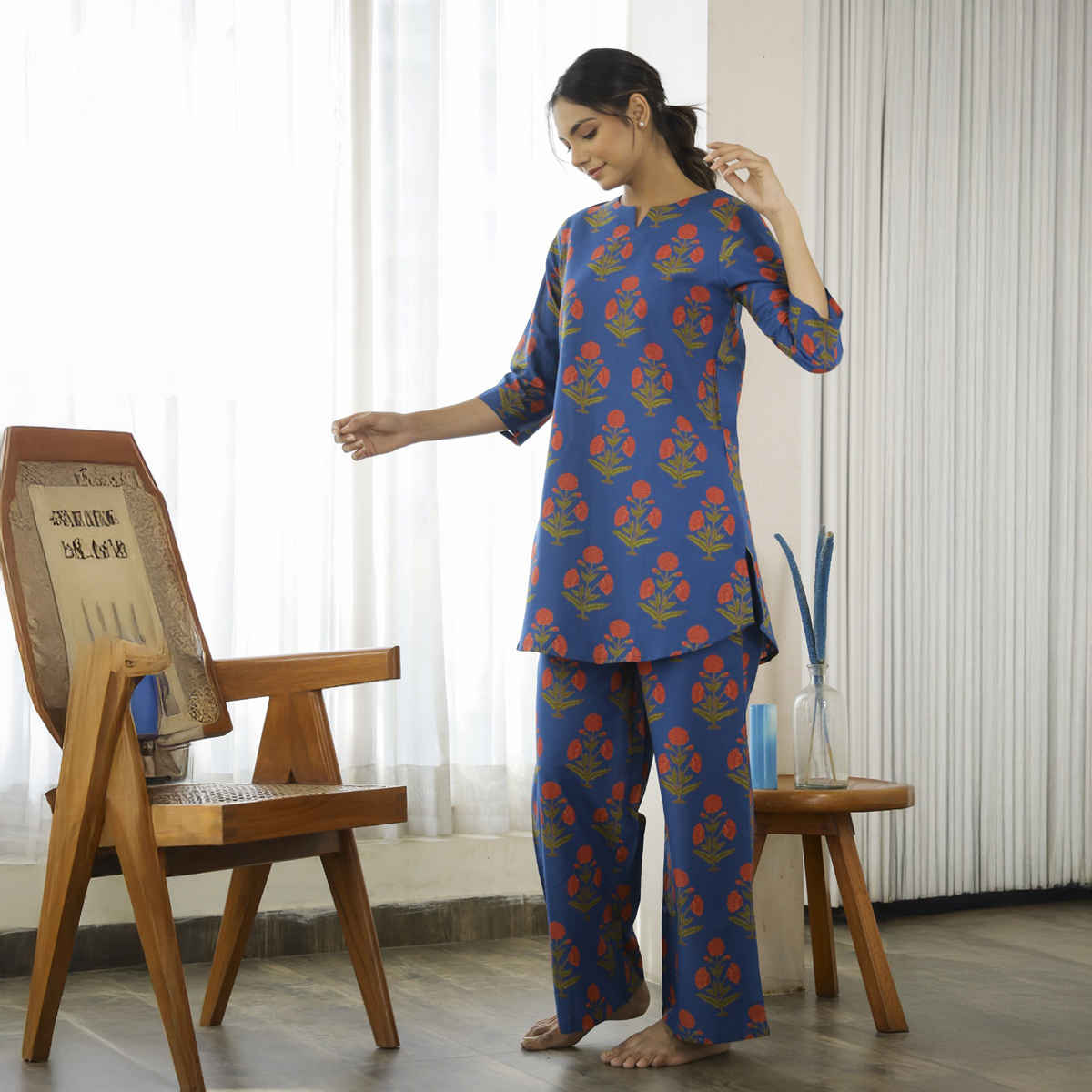 Sanskrutihomes Floral Printed Pure Cotton Night Suit | Blue - XL