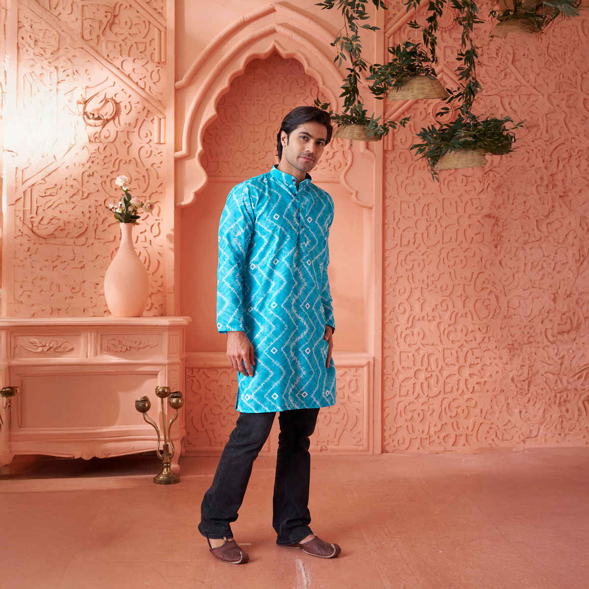 House Of Festivals Men's Printed Cotton Blend Tie & Die Look Long Kurta | Blue - M