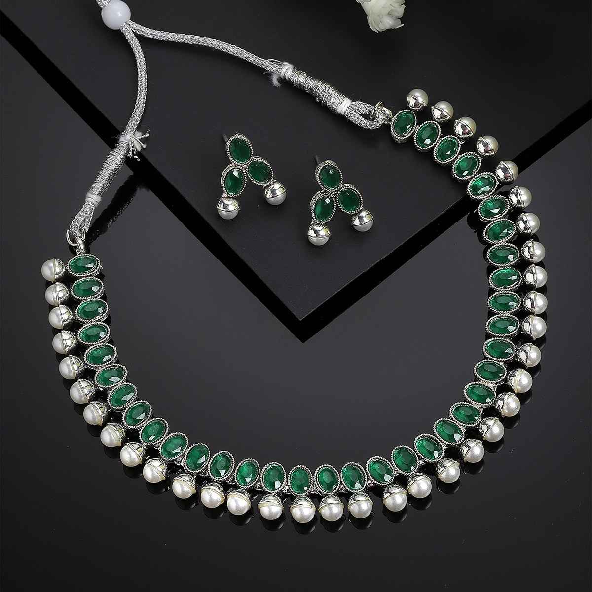 Zeneme Oxidised Silver Traditional Green CZ Necklace With Earrings Jewellery For Women & Girls