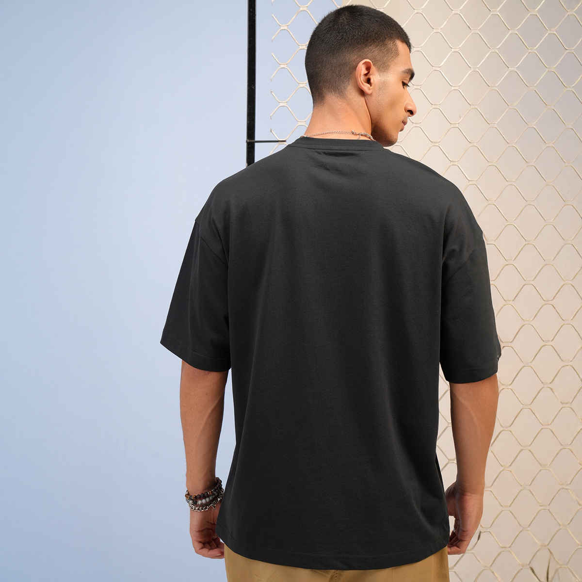 Highlander Men's Puff Printed Dropshoulder Oversized Round Neck Half Sleeve T-shirt | Black | L