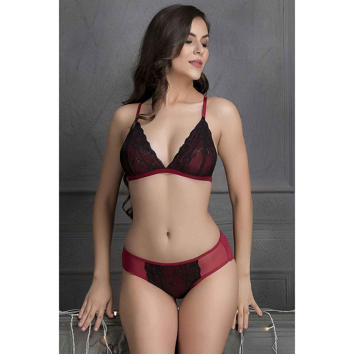 Clovia Non-Padded Non-Wired Demi Cup Plunge Bra & Low Waist Bikini Panty | BP1477P04 - Red - 32C