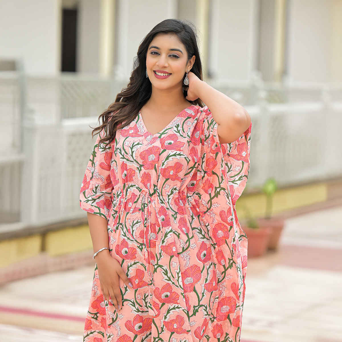 Divena Women's Floral Cotton Kaftan Dress | DK2227 | Pink - S