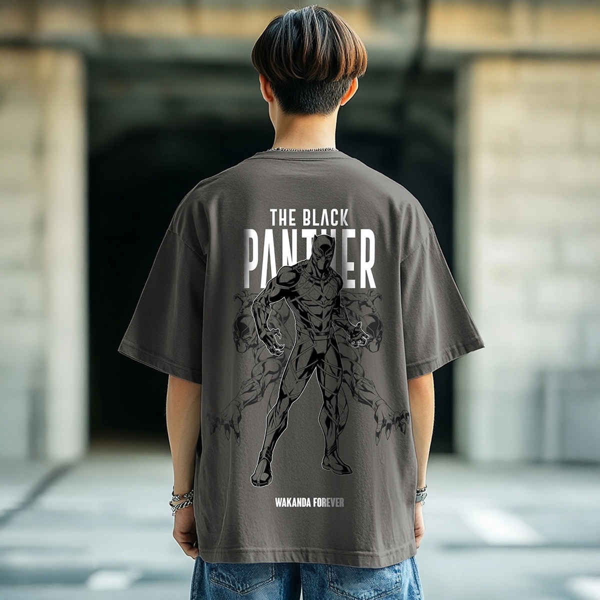 Bewakoof Men's Official Marvel Wakanda Forever Graphic Printed Oversized T-shirt | Grey - M