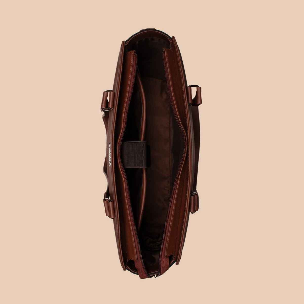 Zouk Women's Motifs Vegan Leather and Handcrafted Fabric Double Strap Women's Office Bag | Brown