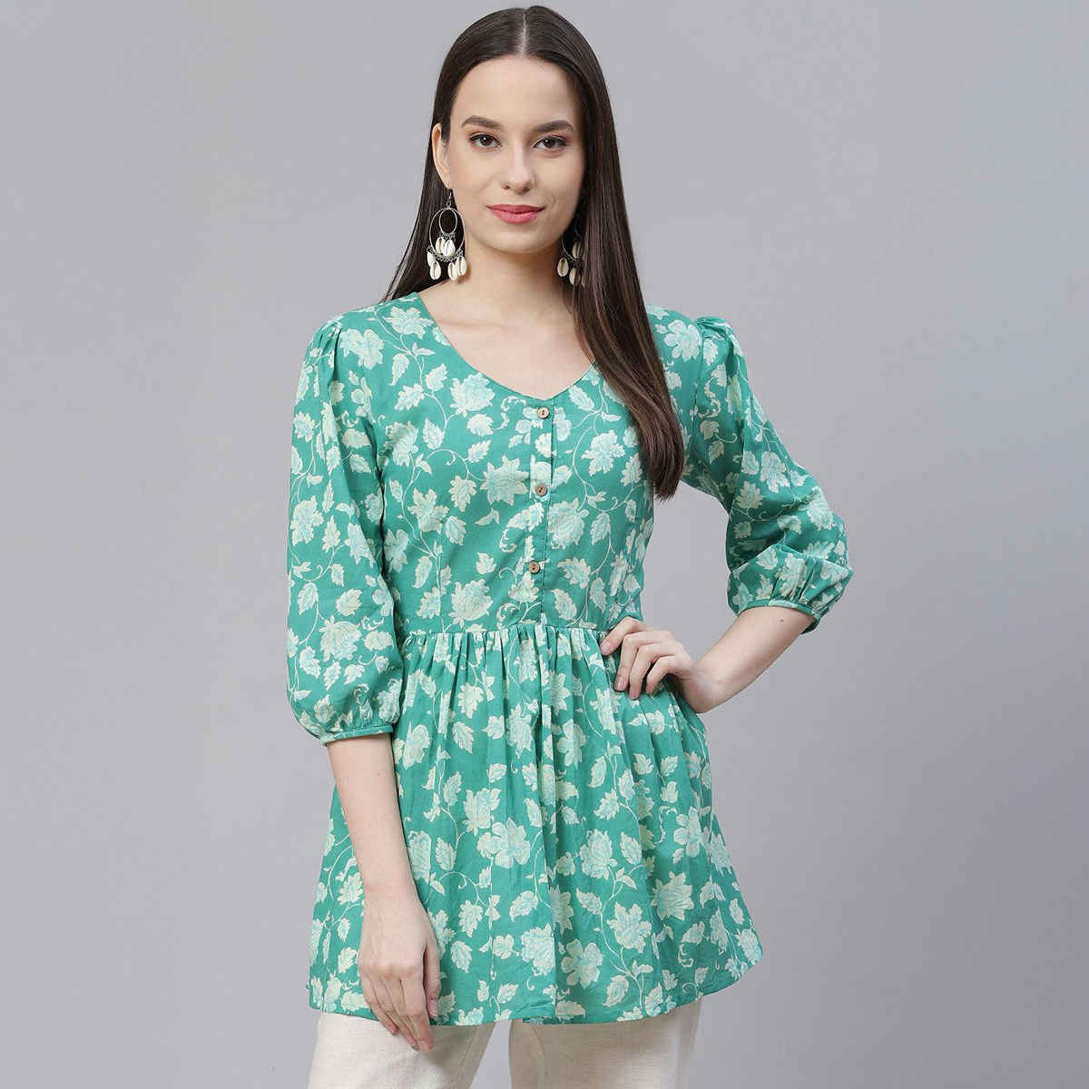 Divena Women's Floral Printed Peplum Cotton Tunic | DK0629 | Sea Green | L