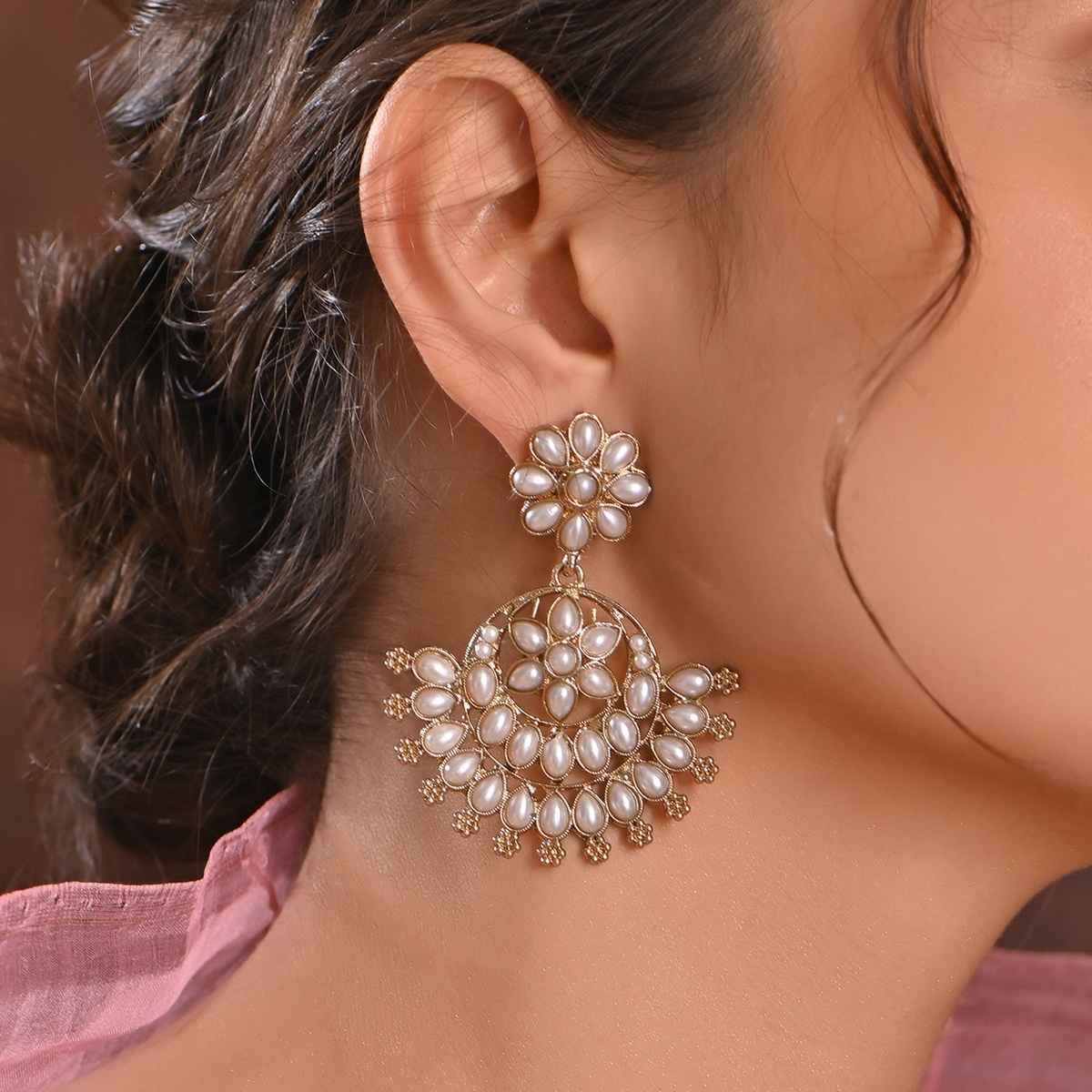 Fida Pearl Bloom Floral White Chandbali Earrings