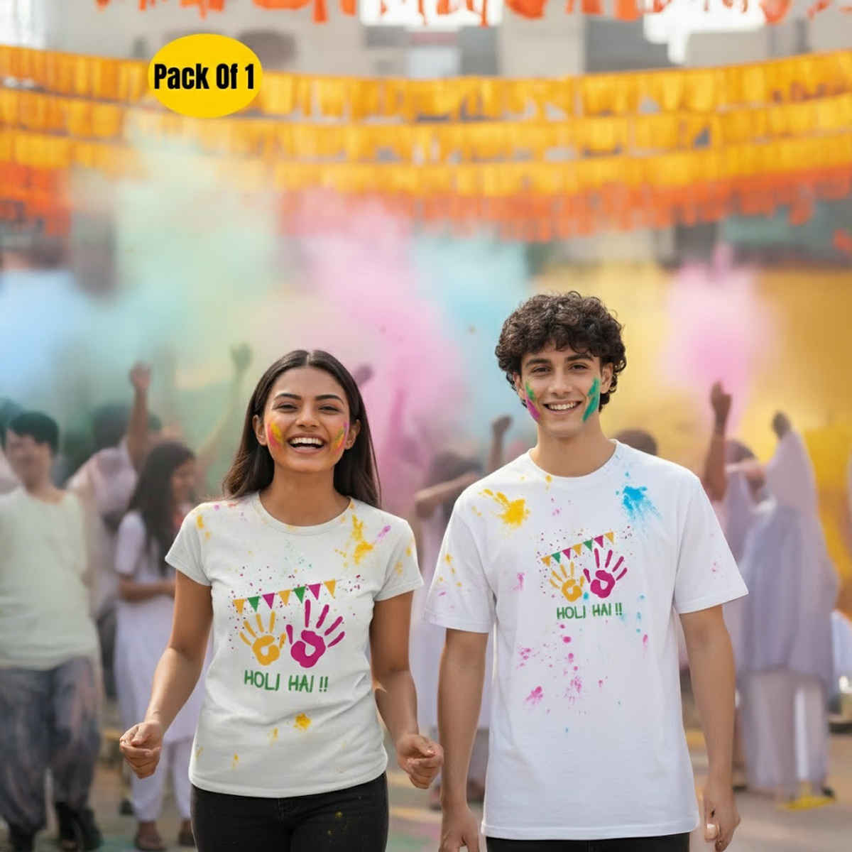 Springman Cotton Rich Half Sleeve Round Neck Springman Unisex T-Shirt White Holi Hai Printed | XL