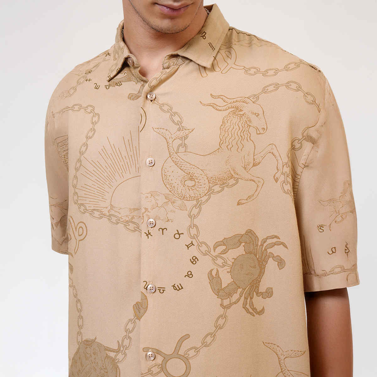 Ketch Mens Printed Oversized Shirt | Beige - L