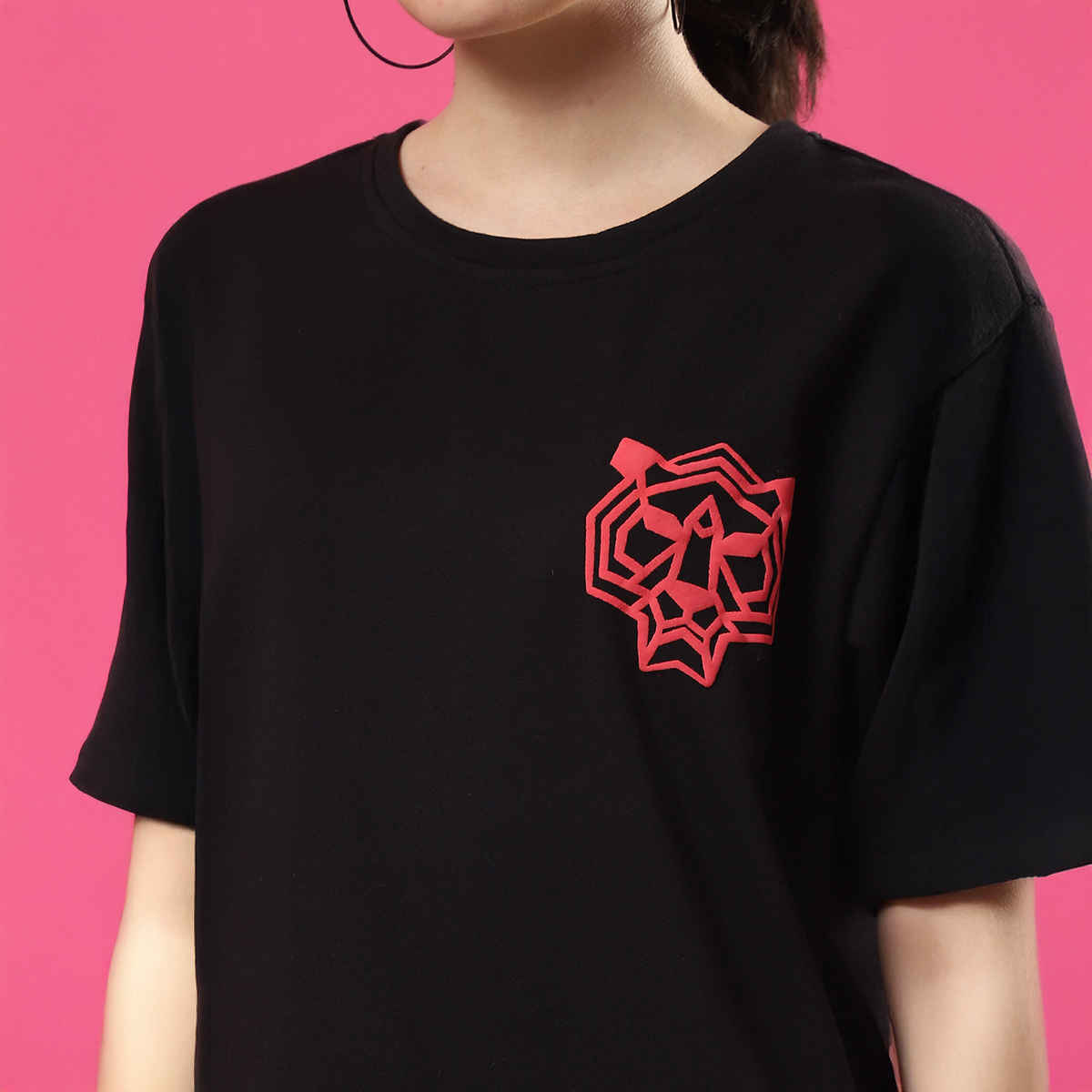 Rigo Women Terry Oversized Back Tiger Printed T-shirt | Black - L