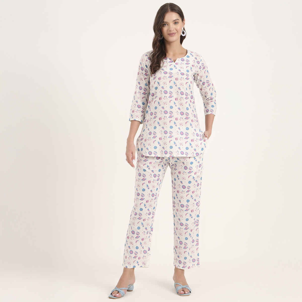 Divena Women's Cotton Floral Printed Night Suits | DK0285 | White - M