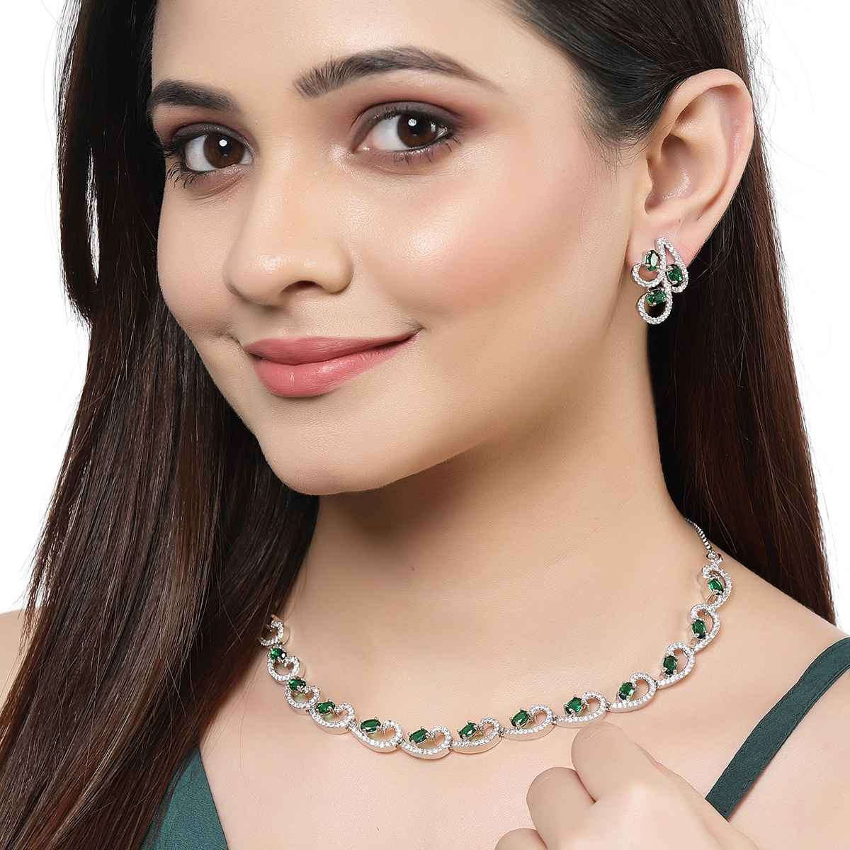 Zeneme Rhodium-Plated Silver-Toned Green American Diamond Necklace Set & Earrings For Women & Girls