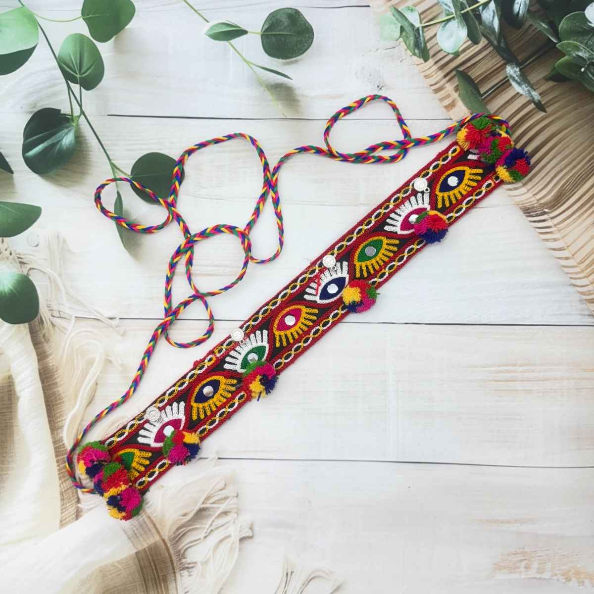 The Opal Factory | Fabric Jewelry | Embroidered Pom Pom Kamarbandh | Multicolor
