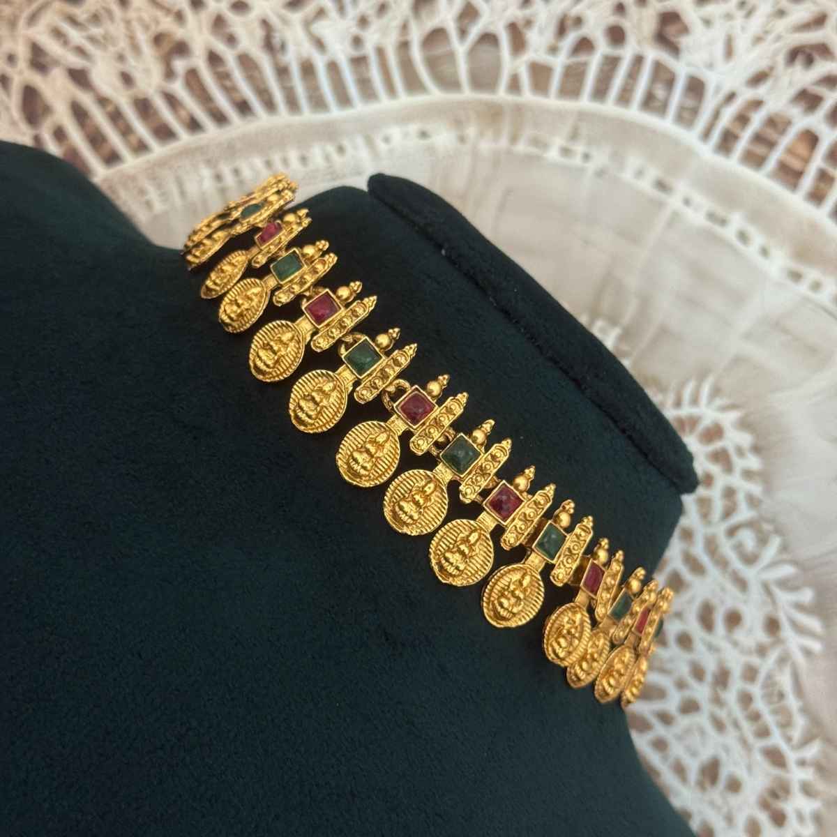 The Opal Factory Choker Necklace Set Laxmi Coin Motifs | Red and Green Stone Work & Jhumki Earrings