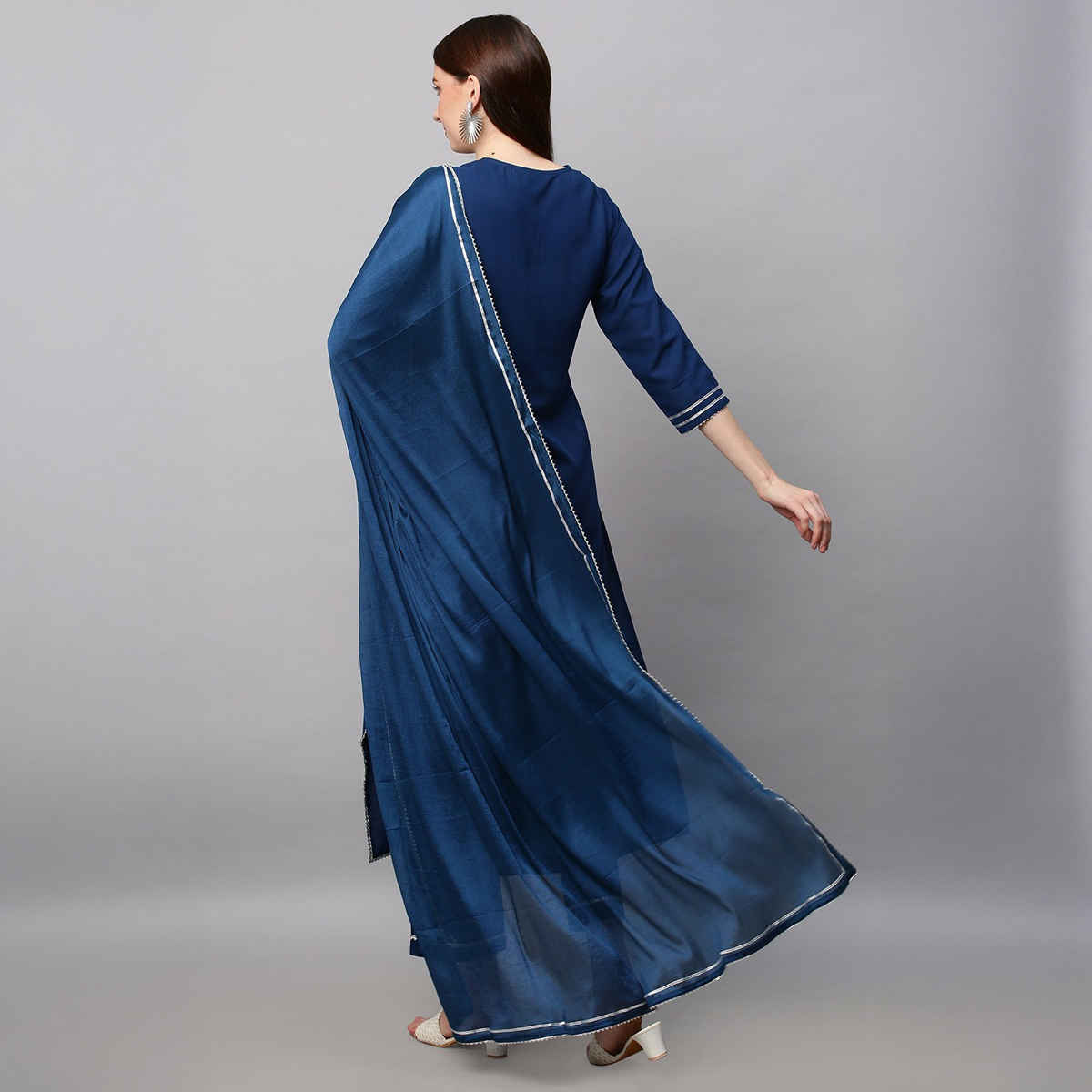 GoSriKi Women's Viscose Rayon Straight Embroidered Kurta with Pant & Dupatta | Blue - S