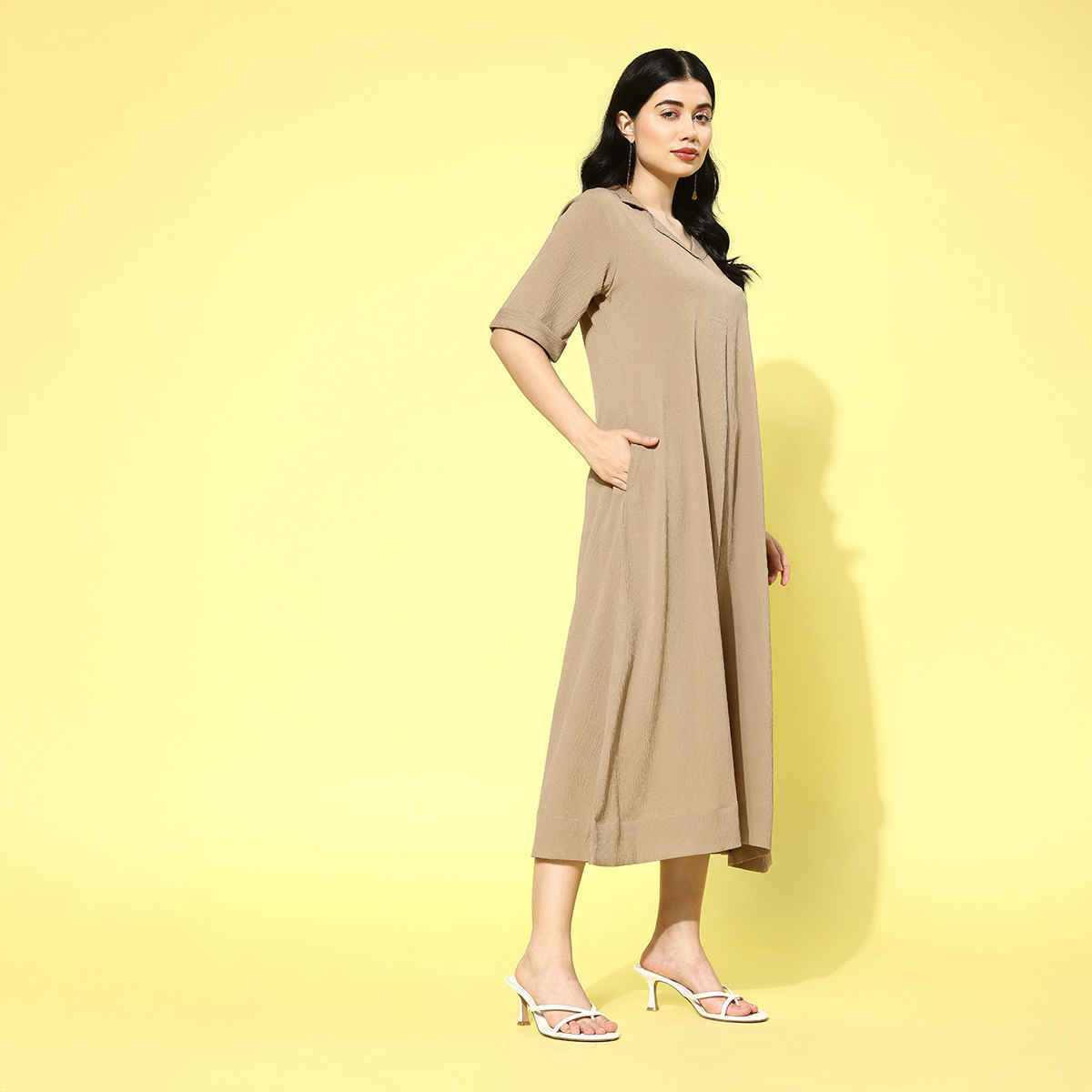 Varanga WoMen's Shirt Collar A-Line Dress | Beige - L