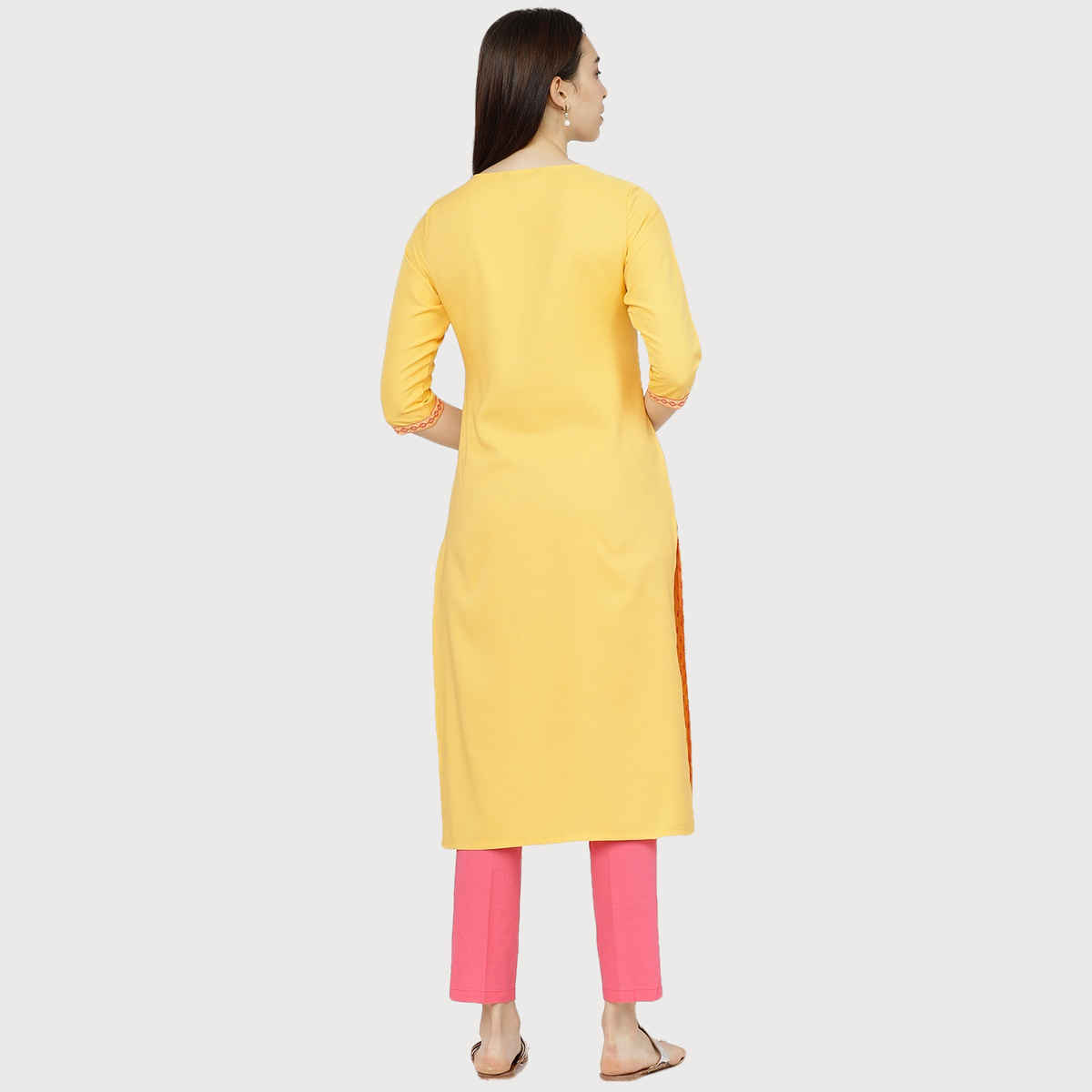 Ketch Women Ethnic Motifs Printed Keyhole Neck Kurta | Pink and Yellow | L