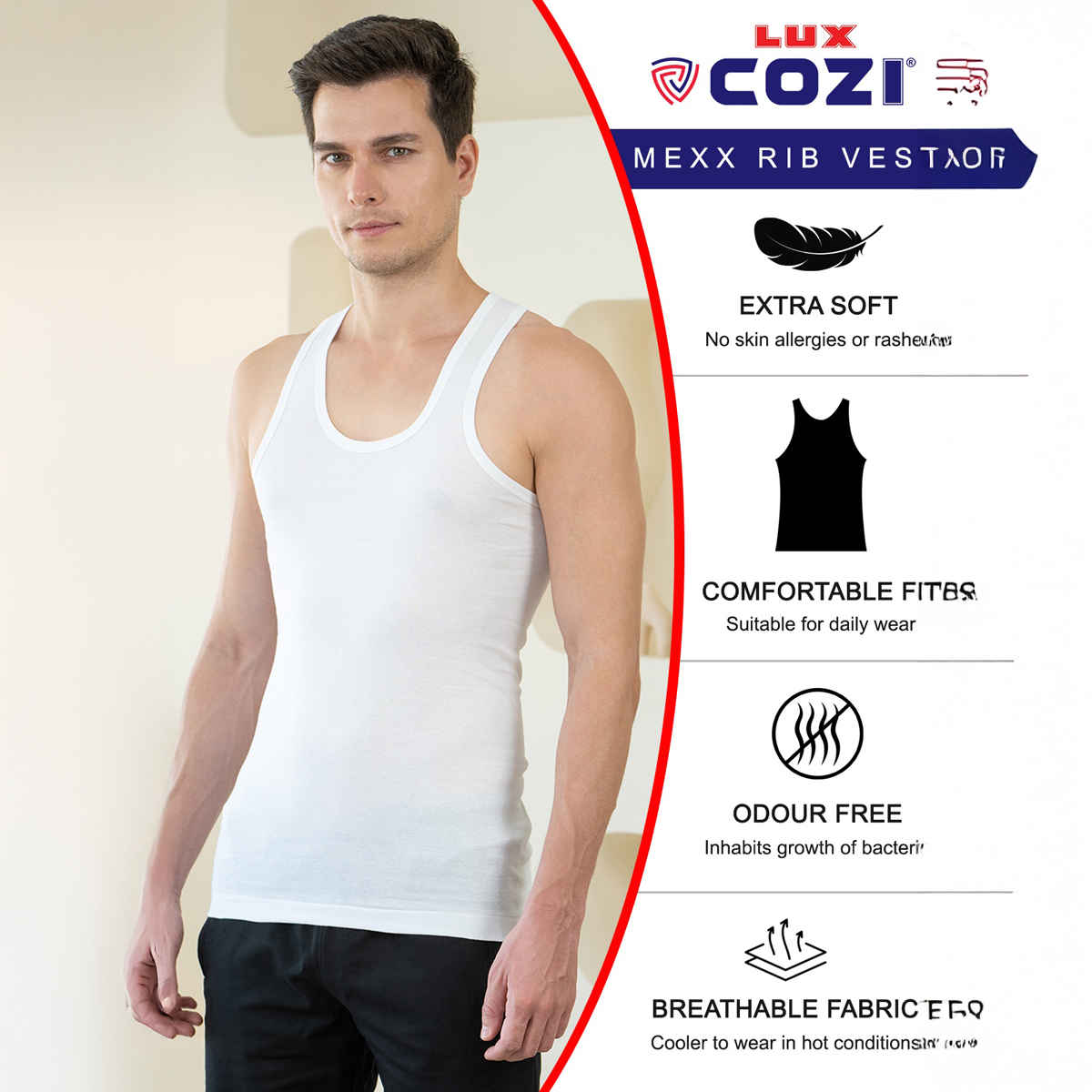 Lux Cozi Mexx Pure Cotton Round Neck Ribbed Vest | White | XL | Pack Of 3