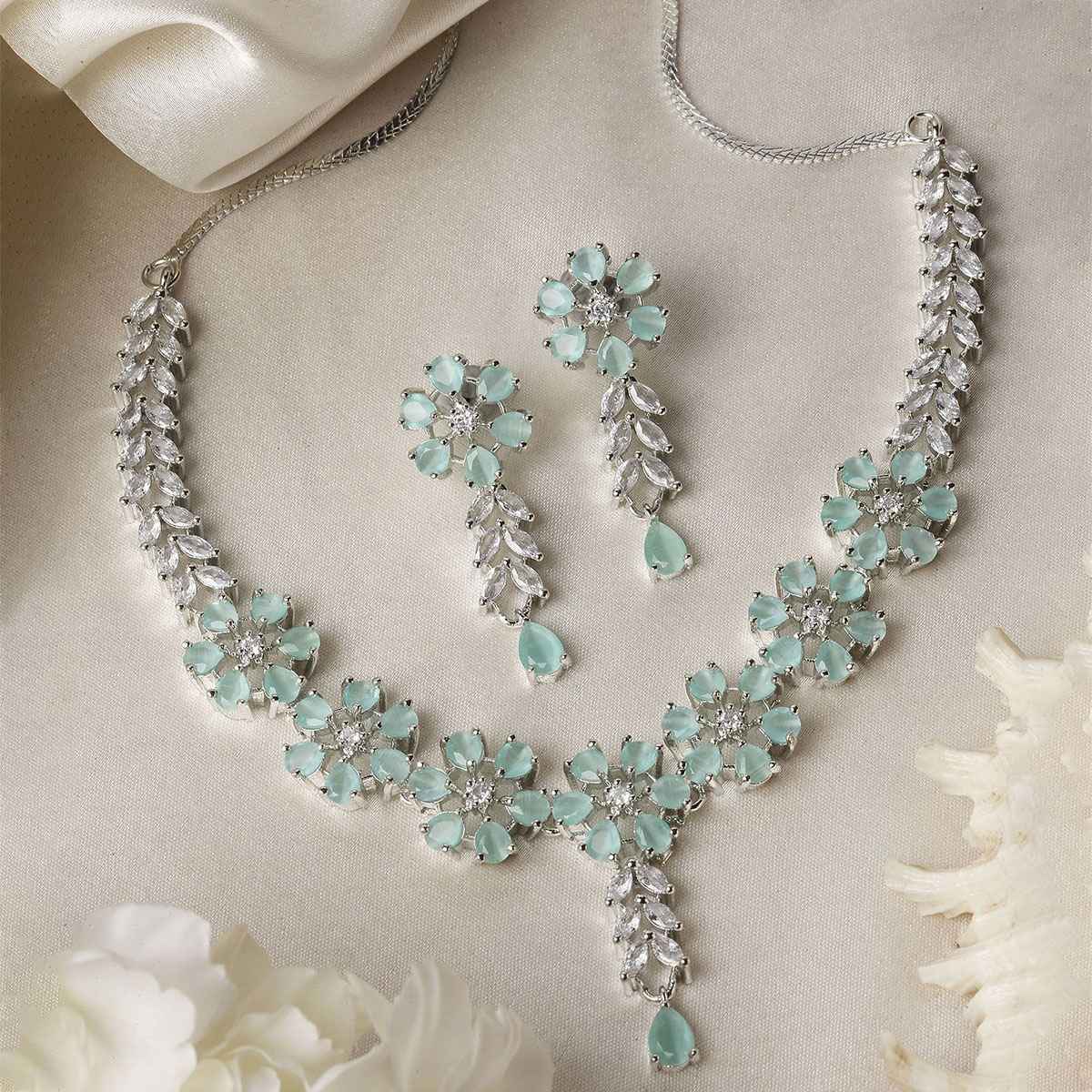 Zeneme Rhodium-Plated Sea Green American Diamond Necklace Earrings Jewellery Set for Women & Girl