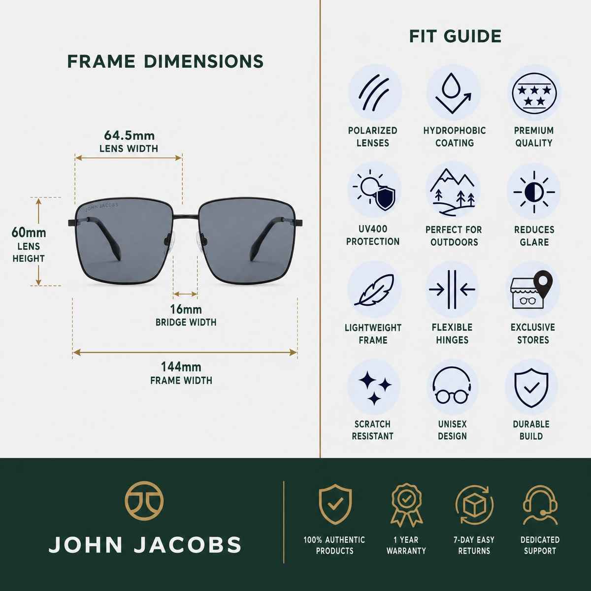 John Jacobs By Lenskart Unisex Solid Metal Rectangular Sunglasses | Black and Grey - Extra Wide
