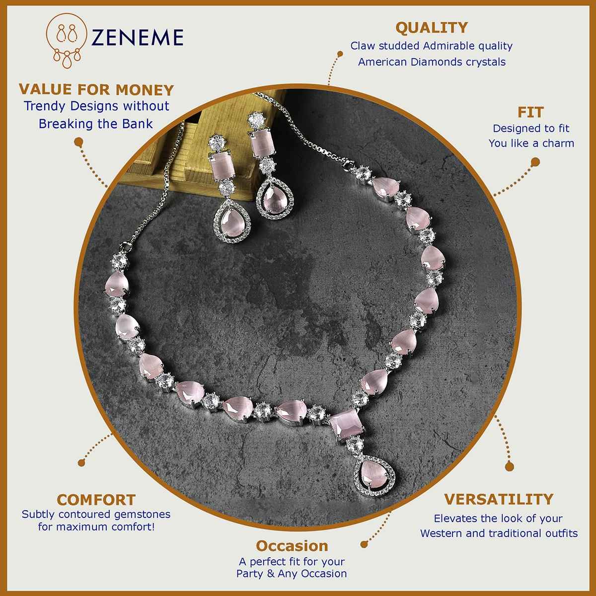Zeneme Rhodium Plated AD-Studded Jewellery Set For Women & Girls