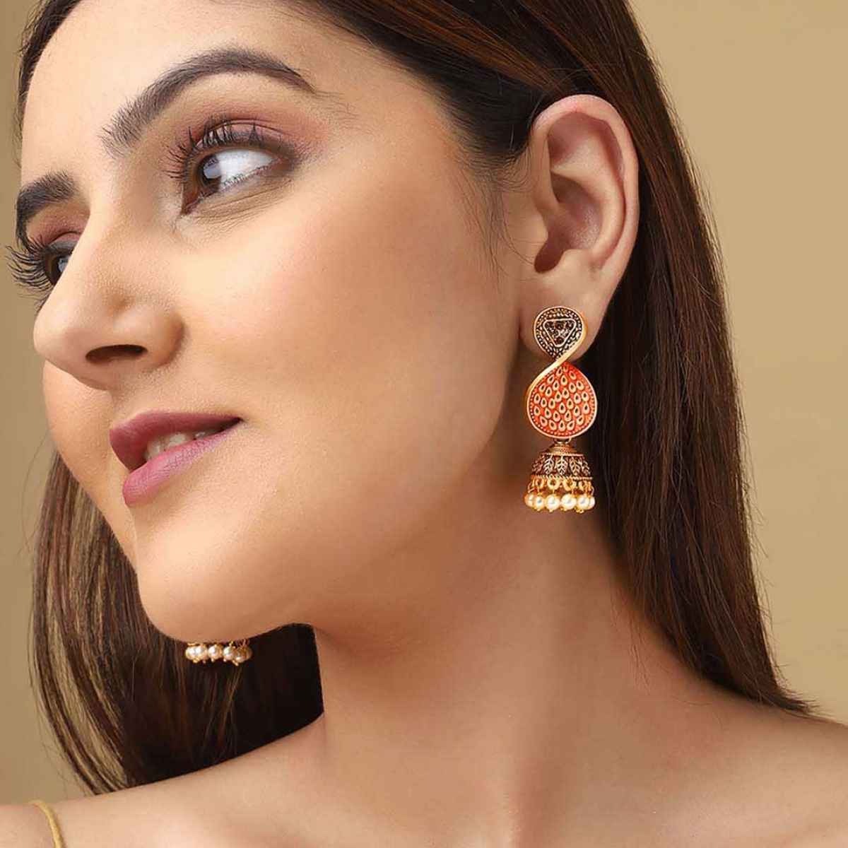 Priyaasi Priyaasi Dangling Orange Elegance Jhumka Earrings