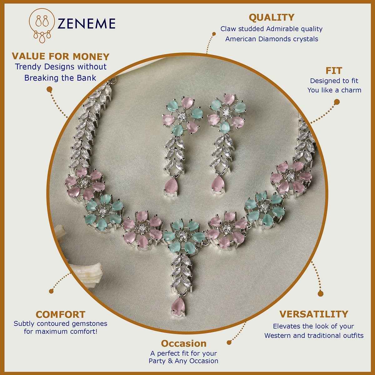 Zeneme Rhodium-Plated Pink & Green American Diamond Necklace Earrings Jewellery Set for Women