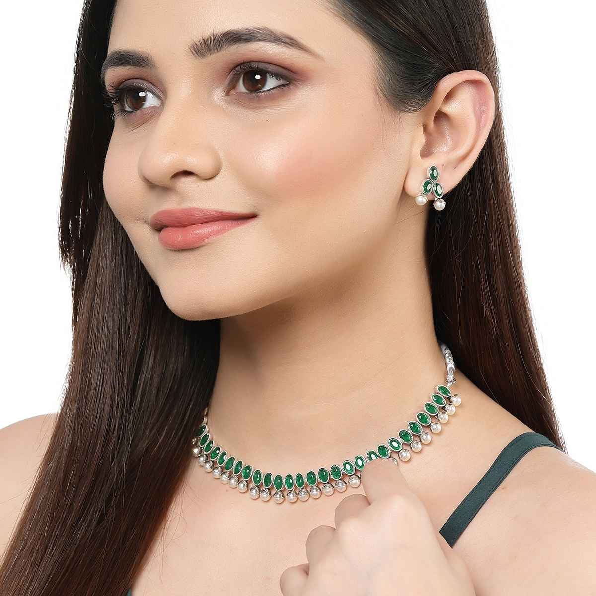 Zeneme Oxidised Silver Traditional Green CZ Necklace With Earrings Jewellery For Women & Girls