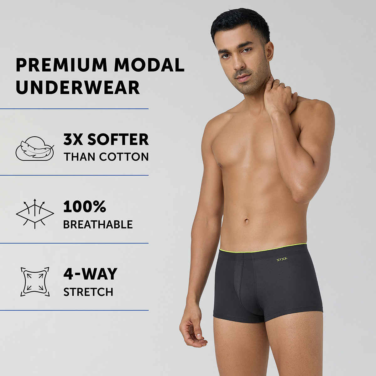 XYXX Men's Uno Modal Solid Trunks Pack of 2, Coral Grey & Heather Grey | L