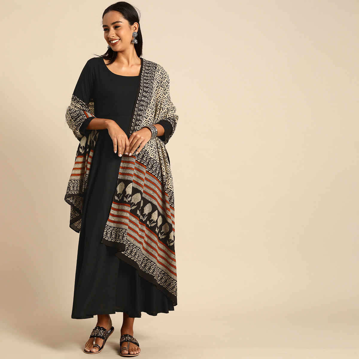 Janasya Women's Rayon Solid Kurta with Dupatta | SET327-KR-DPT | Black - L